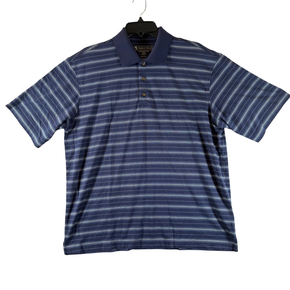 Pebble Beach Polo Shirt Large Golf Performance Blue Striped Mens